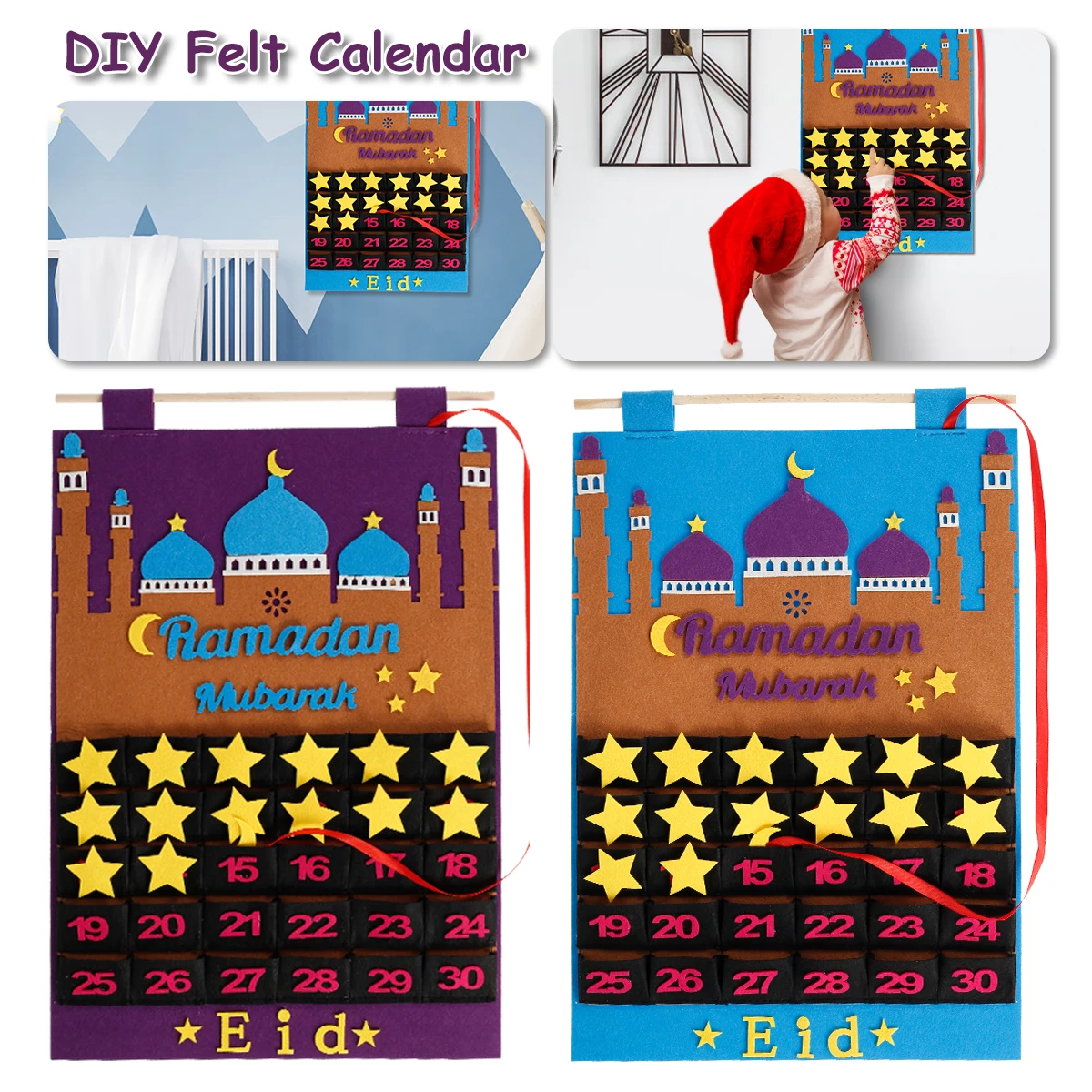 

DIY Eid Mubarak Felt Countdown Calendar with 30 Detachable Stars and Pockets 50x35CM Durable Ramadan Calendar Decoration Gifts
