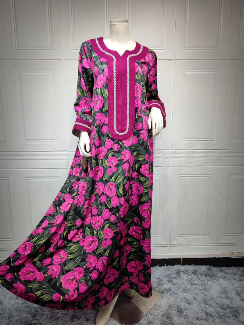 Eid Muslim Women Abaya Morocco Party Dress Abayas Elegant Print Floral Long Sleeve Robe Dresses Ramadan Musulman Maxi Vestidos