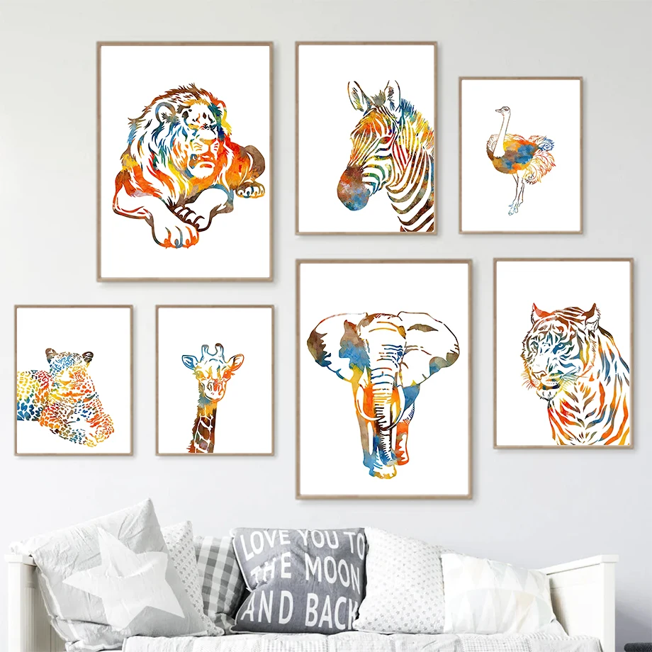 

Lion Elephant Zebra Tiger Giraffe Watercolor Animal Posters And Prints Wall Art Canvas Painting Pictures For Living Room Decor