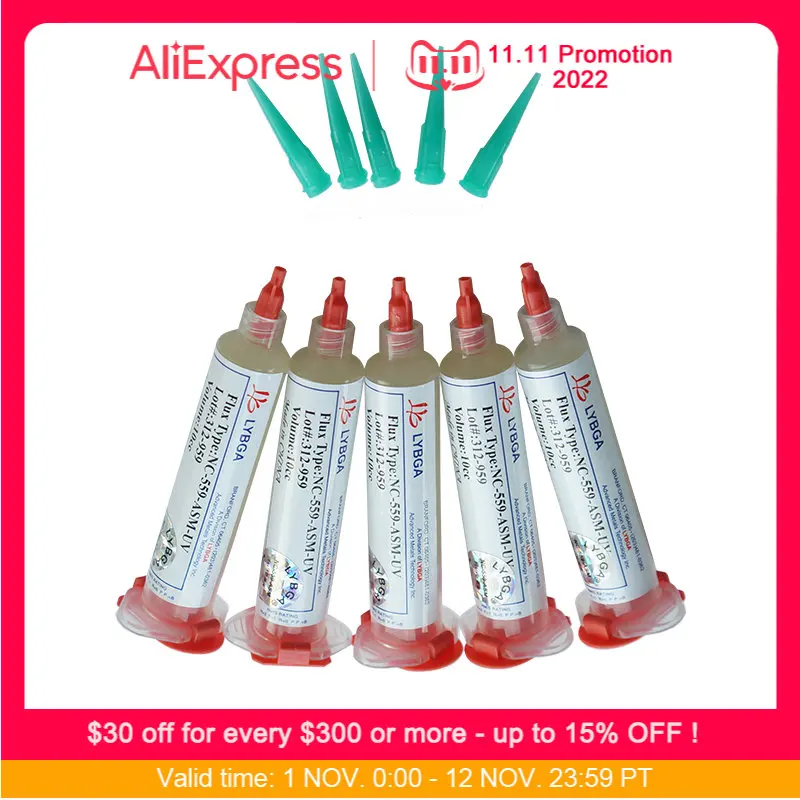 

5pcs/lot BGA 10cc NC-559-ASM-UV Solder Paste Lead-free Solder Flux with Needles Piston Syringe Putter for BGA Repair Kit