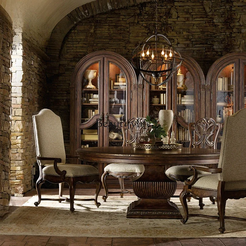 Обеденный стол в американском стиле роскошный резной круглый из массива дерева