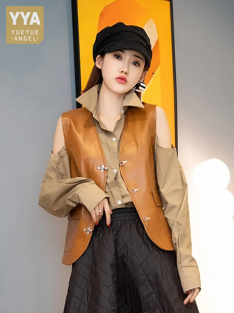 

Designer Women Single Breasted V Neck Waistcoat Female Casual Slim Fit 100% Sheepskin Vest Top Sleeveless Genuine Leather Jacket