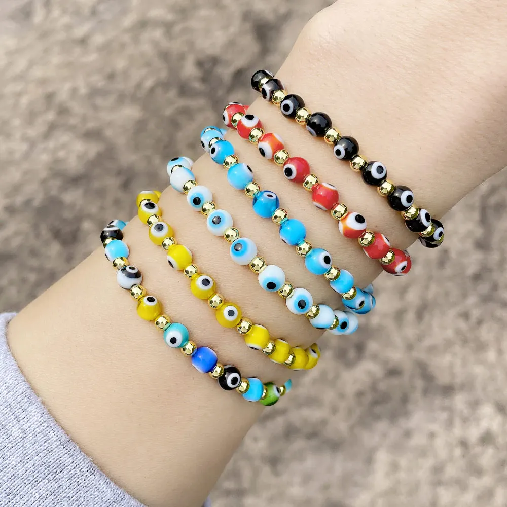 

FLOLA Colorful Resin Evil Eye Bracelets for Women Gold Plated Beaded Bracelets Turkish Eye Bracelet Lucky Amulet Jewelry brtf93