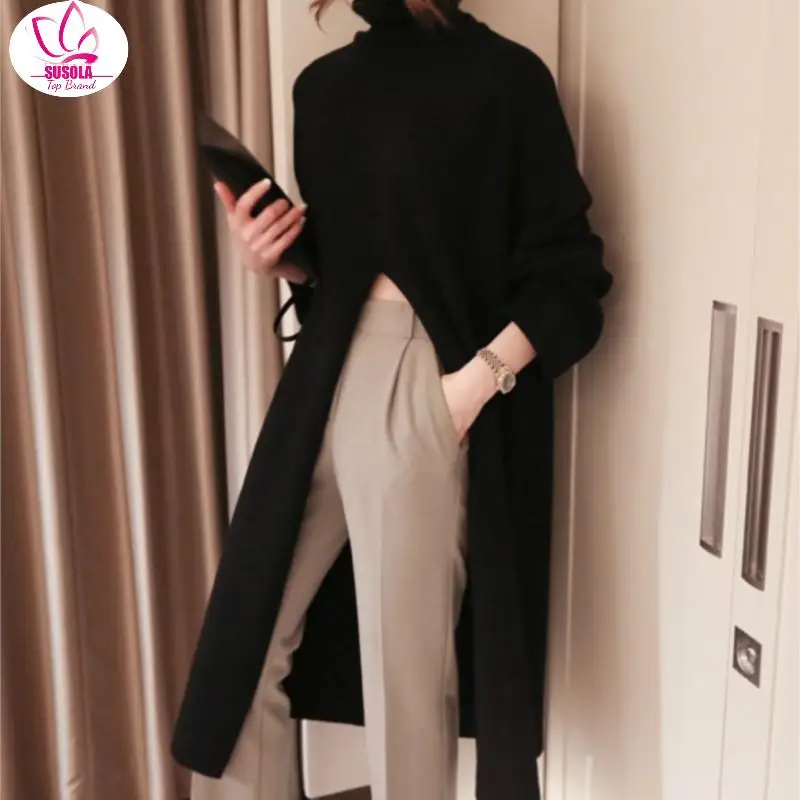 

SUSOLA Winter New Loose High Collar Long Dress Sweater Slit Long Sleeve Cotton Casual Dresses Female Solid Color Turtleneck