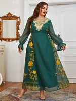 toleen abaya plus size muslim women dress with long sleeves noble floral print green robe clothing for evening party festival