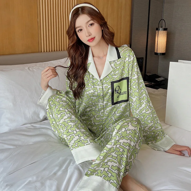 Autumn New High-Grade Elegant Pajamas Women's Fashionable Thin Artificial Silk Long-Sleeved Trousers Homewear Suit