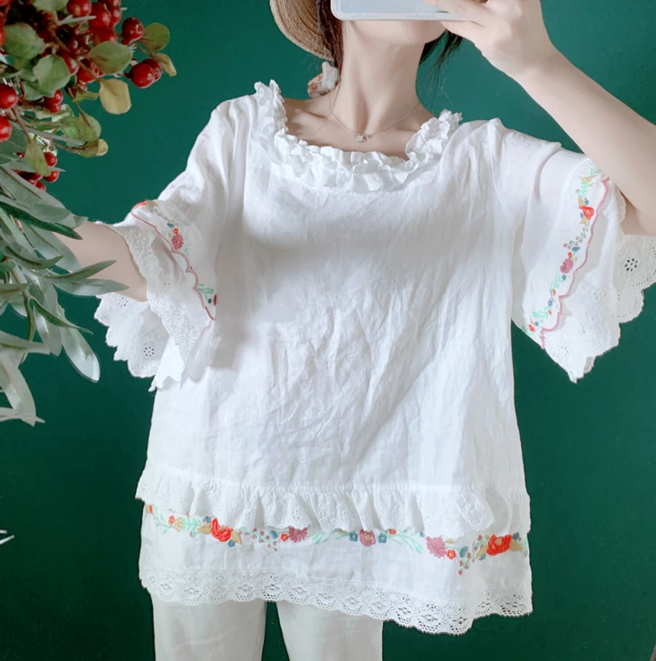 

Spring Summer Women Japan Mori Kei Girls Sweet Girly Floral Embroidery Loose Plus Size Embroidered Linen White Shirts/Blouses