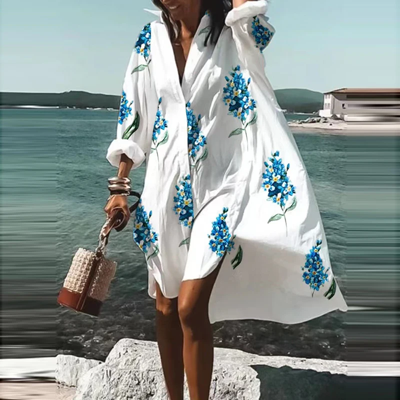 

Button Long Sleeve Floral Shirt Dress Women Clothing 2022 Summer Fashion Elegant Party Flower Print Beach Loose Casual Dresses