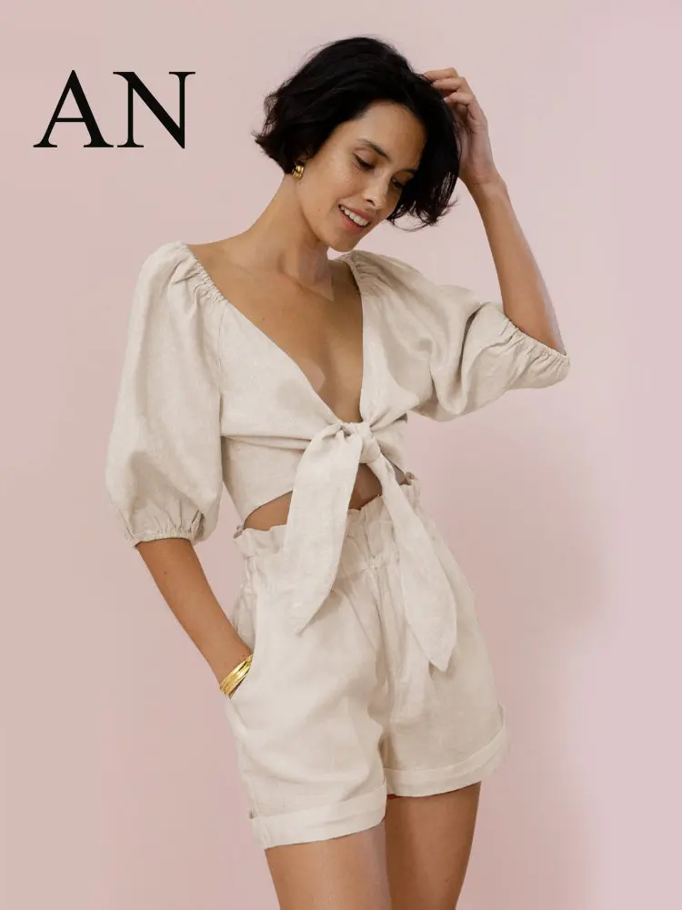 

2022Spring and Summer New Product Pure Color Fashion Sexy Cotton Linen Cardigan Top Pocket Shorts Casual Suit Set Woman 2 Pieces