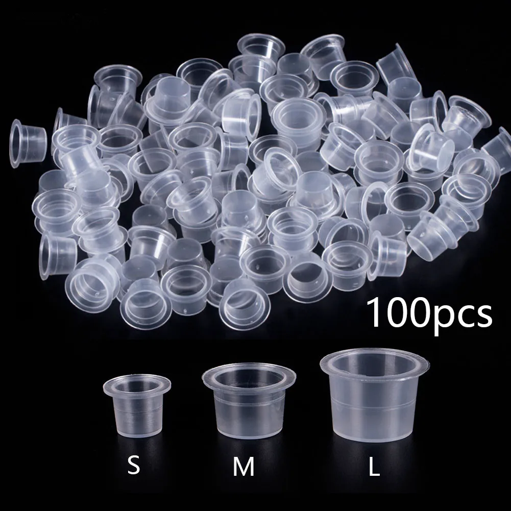 

Sdotter 100pc S/M/L Plastic Disposable Microblading Tattoo Ink Cups Permanent Makeup Pigment Clear Holder Container Cap Tattoo A