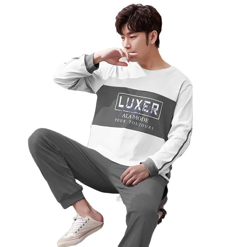 QUHENG Autumn Youth Pure Cotton Round Neck Long-sleeved Trousers Suit Men's Alphabet Simple Pajamas 2-pieces  Home Clothes