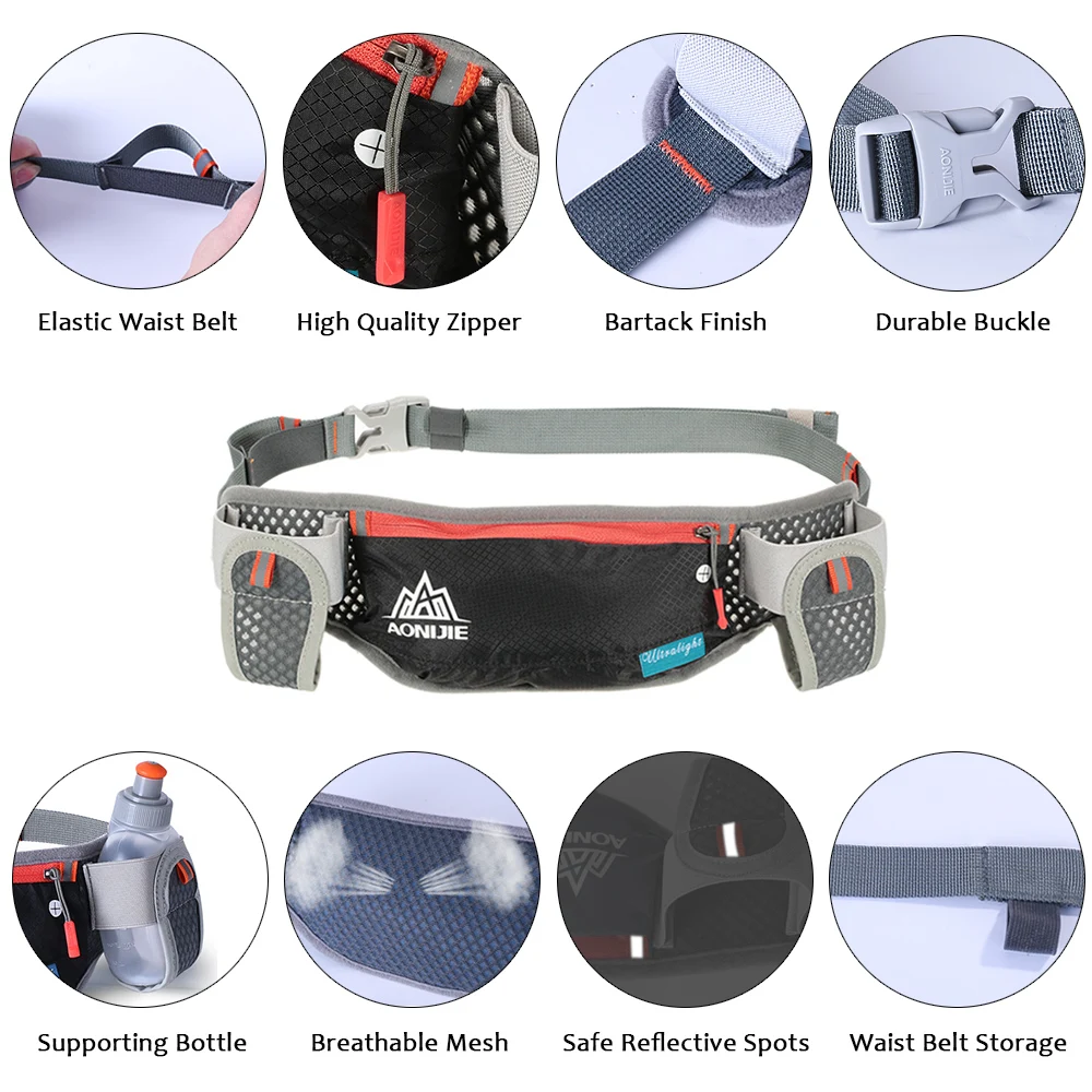 AONIJIE Men Women Running Waist Bag Hydration Belt Bottle Waterproof Jogging Fanny Packs Waist Pack with Two Water Bottle 250ml