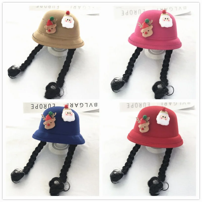 

Children's Autumn and Winter Billycock Princess Braid Wig Bucket HatS Girls' Christmas Hat 1-2 Woolen Basin Caps