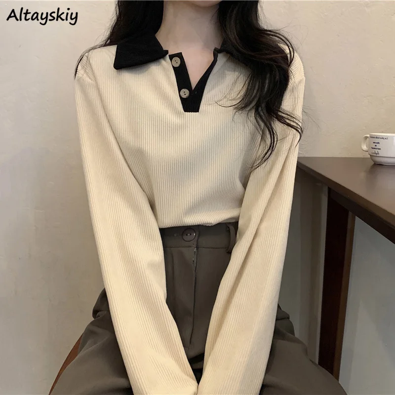 

Женские вельветовые Футболки с длинным рукавом, универсальные модные элегантные свободные винтажные футболки Ulzzang с отложным воротником и ...