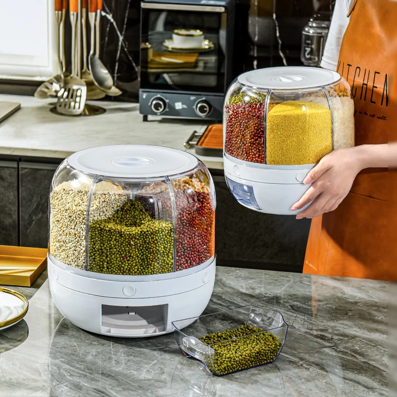 

360° Rotating Grains Storage Boxes Separated Sealed Cereal Container Food Dispenser Rice Tank Grain Box Kitchen Storage Bin