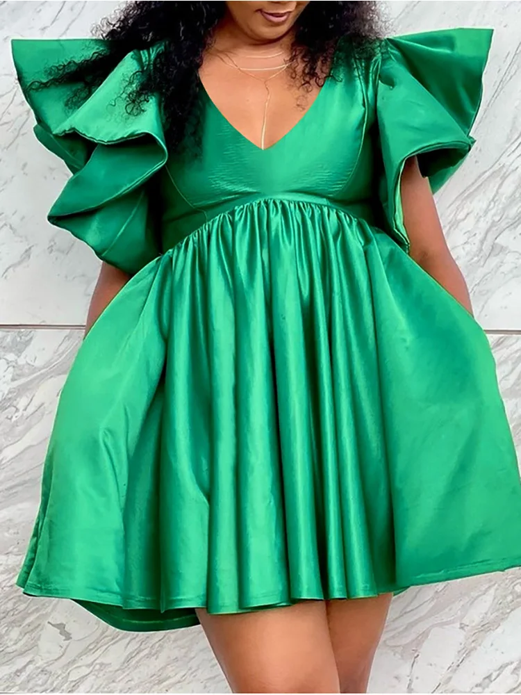 

Satin Pleated Party Mini Dress Women Elegant Butterfly Sleeve Short Vestidos African Femme Sexy V-Neck Cocktail Summer Robe