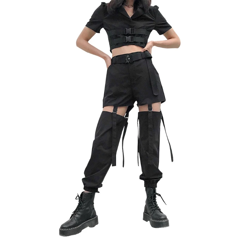 

Women Gothic Punk High Waist Black Cargo Pants Hollow Out Buckle Strappy Joggers Sweatpants Hip Hop Baggy Loose Trousers