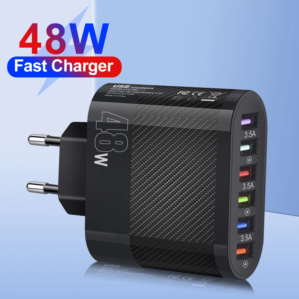 

48W 6 Ports USB Charger Fast Charging For IPhone 13 14 Pro Samsung Xiaomi 13 Huawei EU/US/UK Plug Portable Phone Charger Adapter