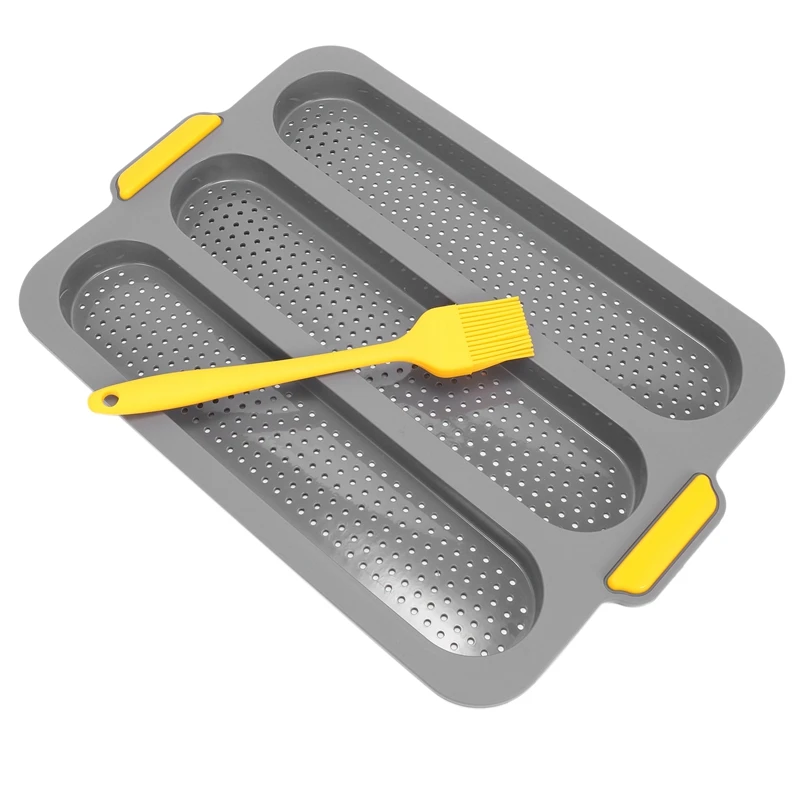 

Baking Tray Kits,3 Slot Non-Stick Bread Mould With Oil Brush,For Baking French Bread,Baking Tools