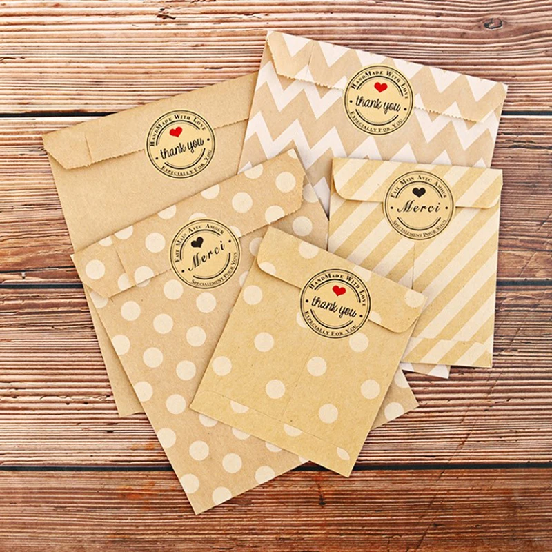 

24Pcs Kraft Paper Bags With Stickers Thank You Merci Cookie Gift Packaging Bags Wedding Birthday Party Favors Packing Supplies
