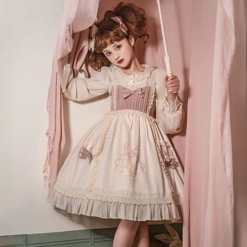 

Sweet Lolita Jsk Dress Women Chic Bear Embroidery Ruffle Kawai Princess Tea Party Strap Dresses Girly Victorian Vintage Vestidos