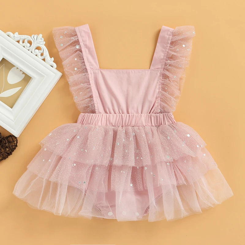 

Baby Girls Romper Sleeveless Square Neck Sequins Party Princess Ruffle Tulle Dress for 3-18 Months