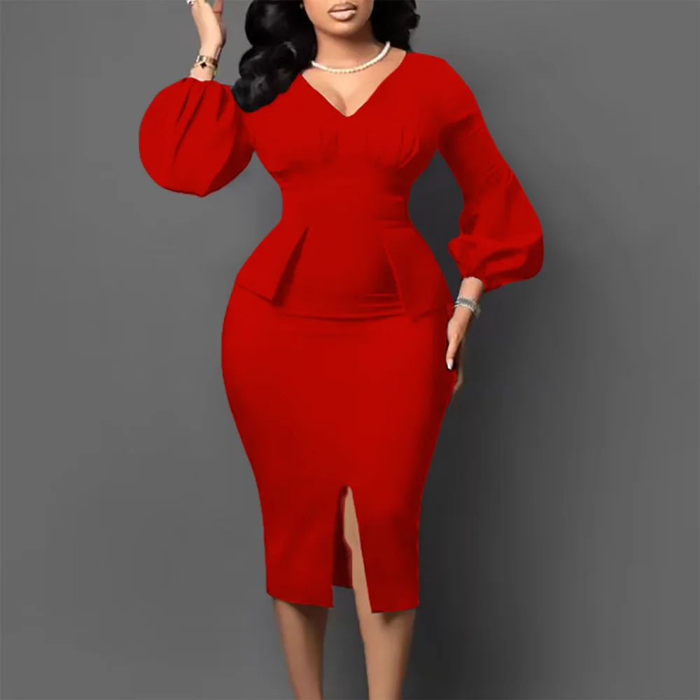 

Elegant Office Ladies Bodycon Pelpum Dresses Full Sleeve V Neck Front Split Mid Calf Fashion Female Business Work Dress Robes OL