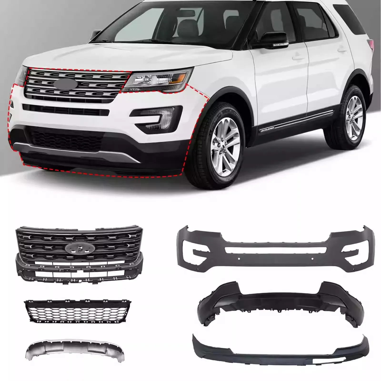 Фото Комплект обвесов для Ford Explorer 2015-2017: верхняя и нижняя части, передний бампер, передний сплиттер, защитная накладка, противотуманная фара, передний спойлер, автомобильные аксессуары №2