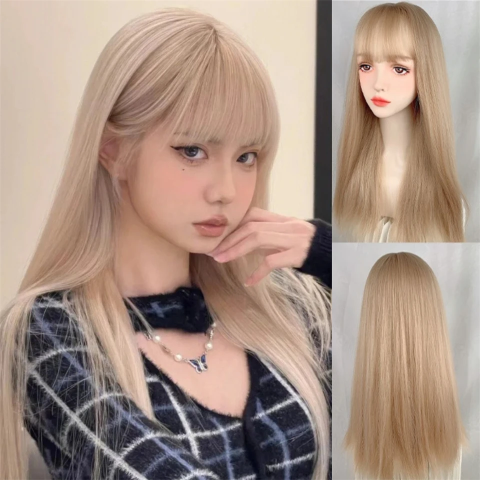 

AOSI Wig Women's Summer Long Straight Hair Korean Fashion Rose Same Style Straight Hair Milk Tea White Gold Medium Long Hair Ful