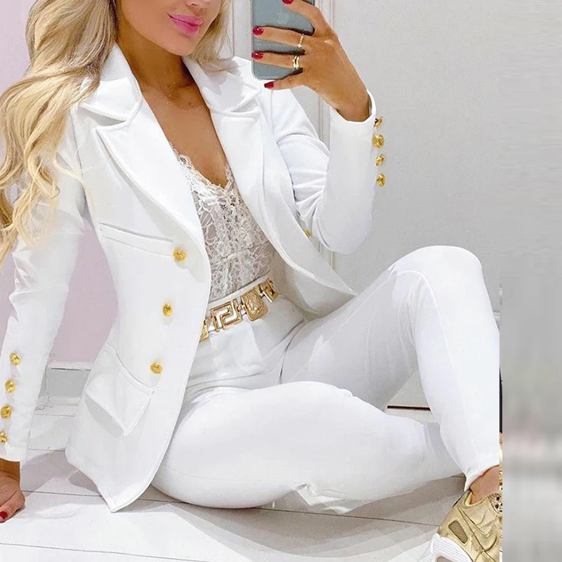 Black Blazer Women 2 Pice Sets Jacket Coat + Pants Set Work Spring Autumn Top Long Pants Blazer Suit Work Outfits Elegant Sets