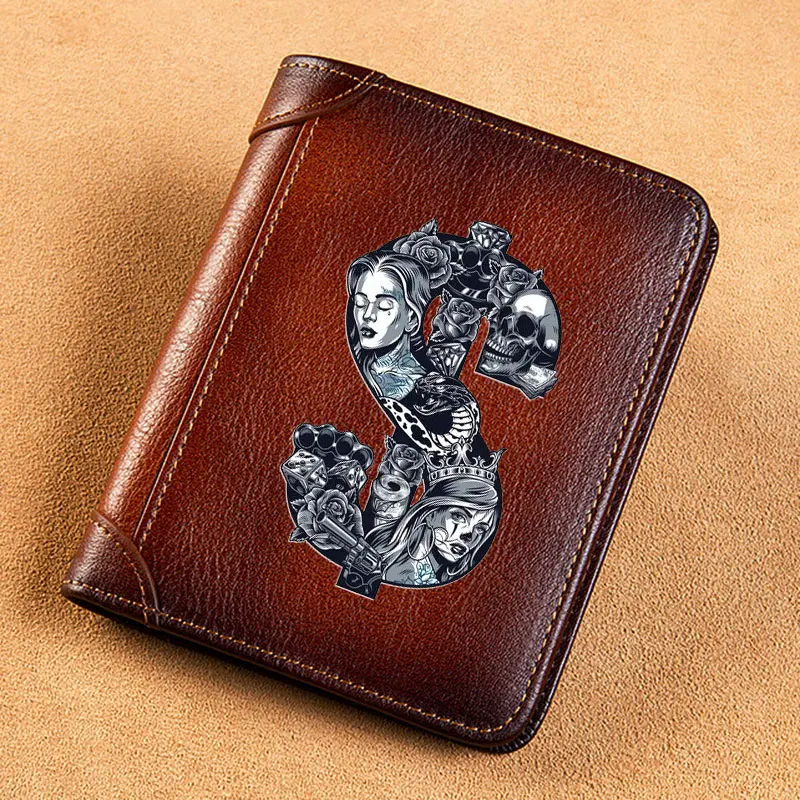 High Quality Genuine Leather Men Wallets Dollar Sign Rose Skull Printing Short Card Holder Purse Billfold Men's Wallet BK3792