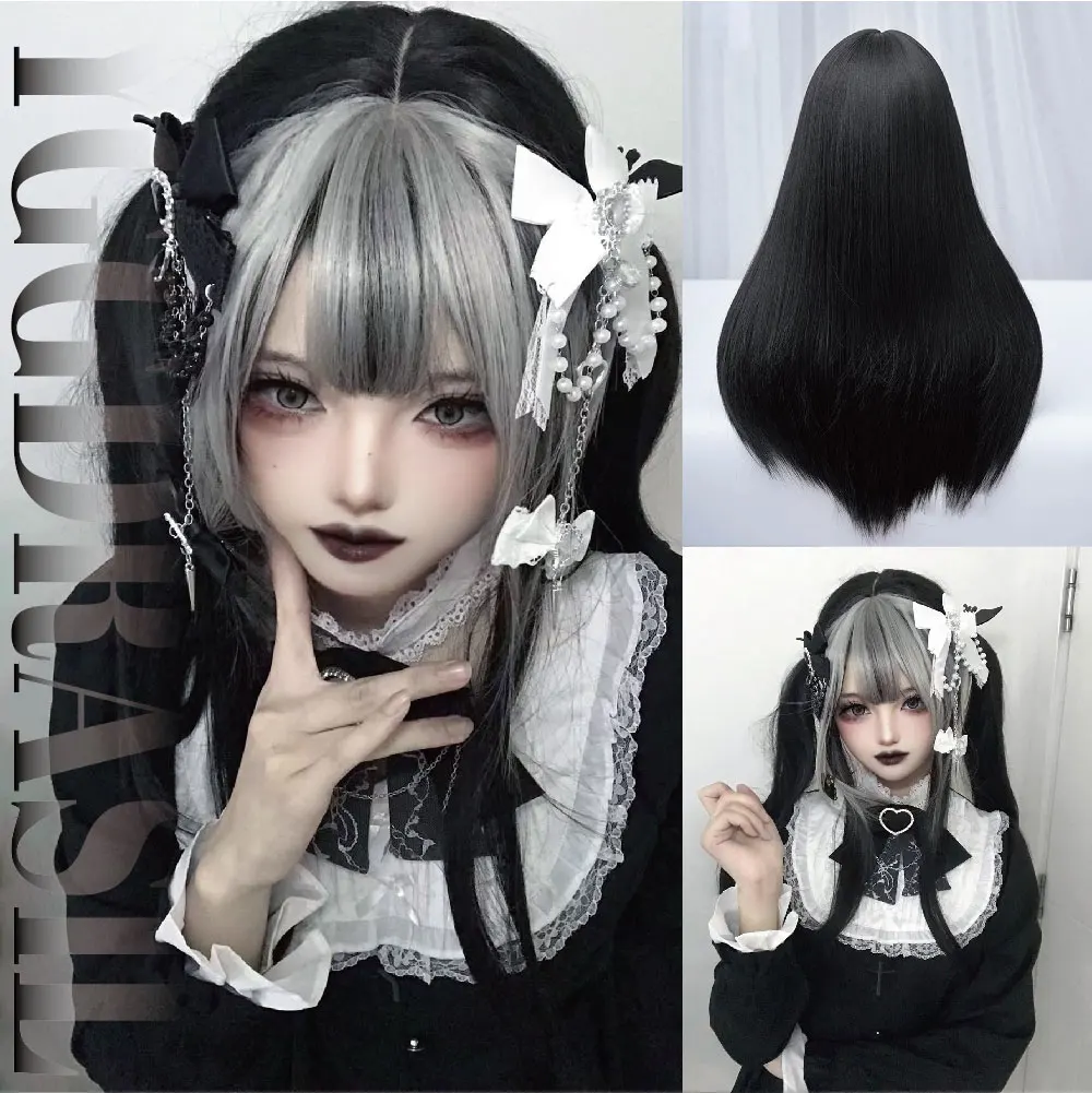 24-дюймовые серебристо-серые и черные синтетические парики в готическом стиле с
