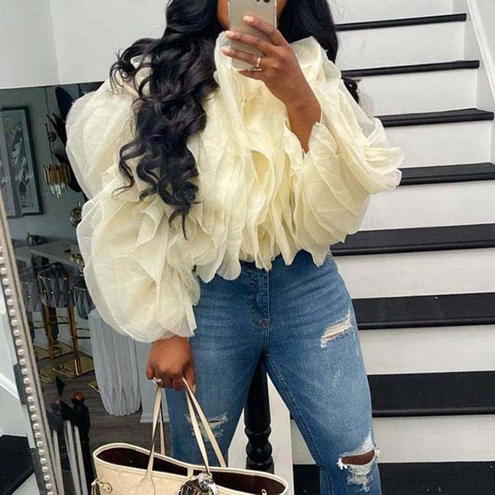 

Fashion African Blouse Ruffle Sleeve Plain Shirt For Women Spring Summer Long Sleeve Tops Female Office Lady Casual Streetwear