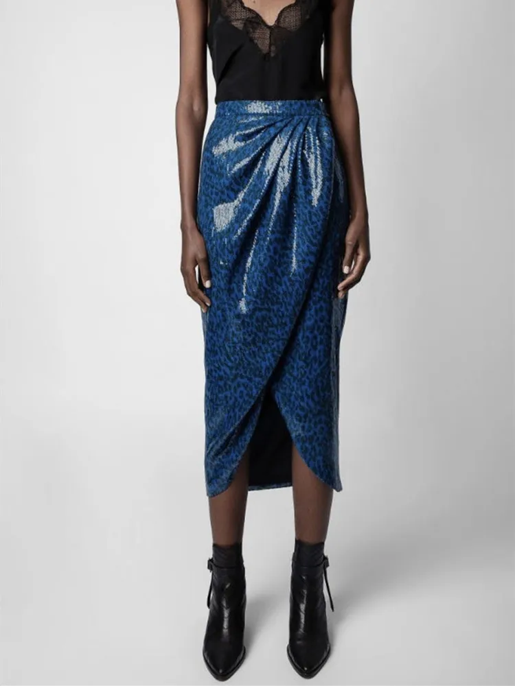 

Women's Sequin Embroidery Midi Skirt Leopard Print High Waist Female Jupe Spring Summer 2023