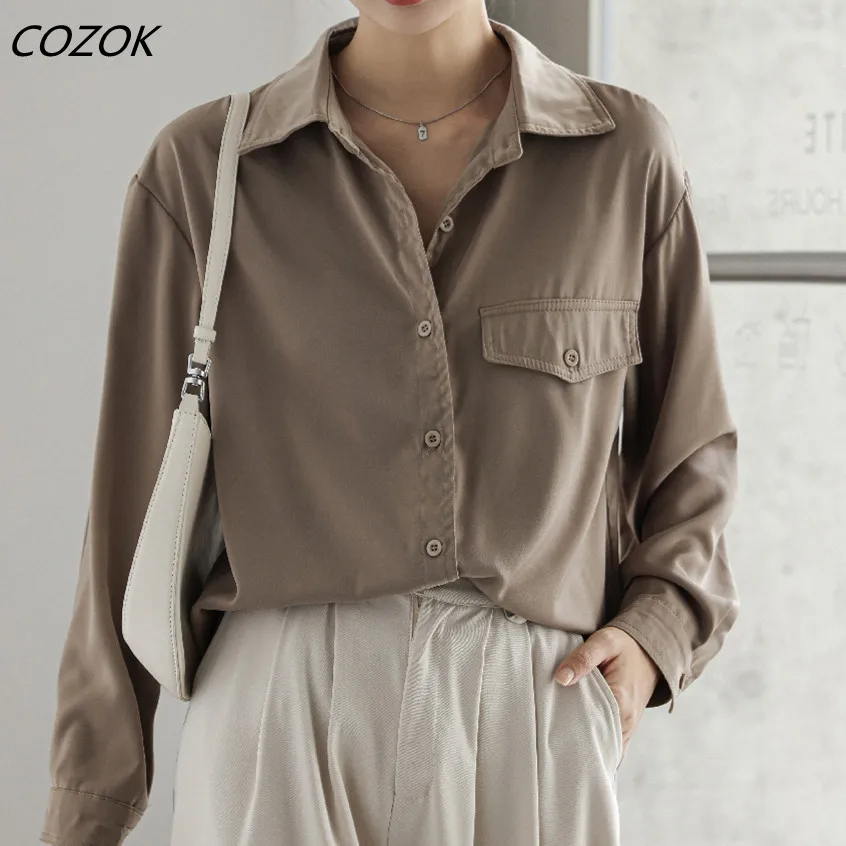 

Винтажная Осенняя облегающая блузка 2023, Женская Повседневная офисная блузка с длинным рукавом, шикарные однотонные свободные дамские блузки