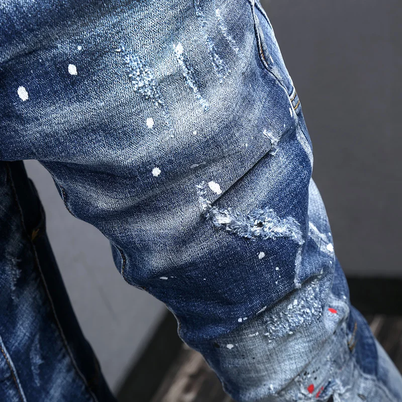 Fashion Trendy Men Jeans Retro Blue Plain Washed Elastic Slim Fit Ripped Jeans Men Spliced Designer Painted Hip Hop Denim Pants
