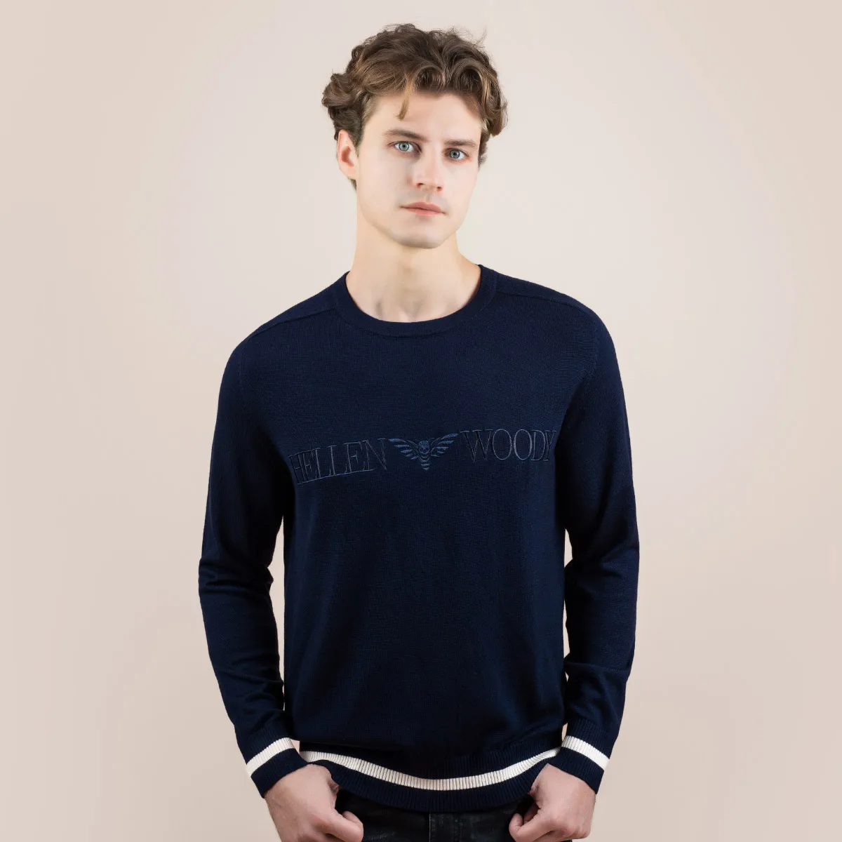 HELLEN&WOODY Autumn Luxury Black Pure Wool Sweater Casual Regular Round Neck Pullover Knitted Long Sleeve Sweater