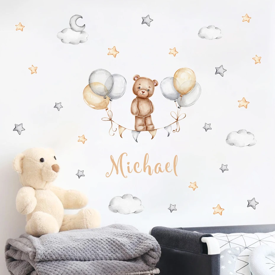 

Custom Baby Name Bear Balloons Flags Stars Watercolor Wall Stickers Removable Vinyl Wall Decals Mural Nursery Kids Room Decor