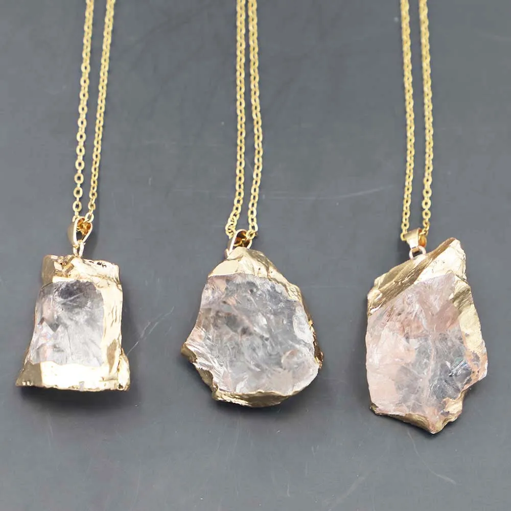 

Beautiful Natural Irregular White Crystal Necklace Gilt Edge Bare Stone Pendant Clavicle Chain Jewelry Accessories Wholesale 1Pc