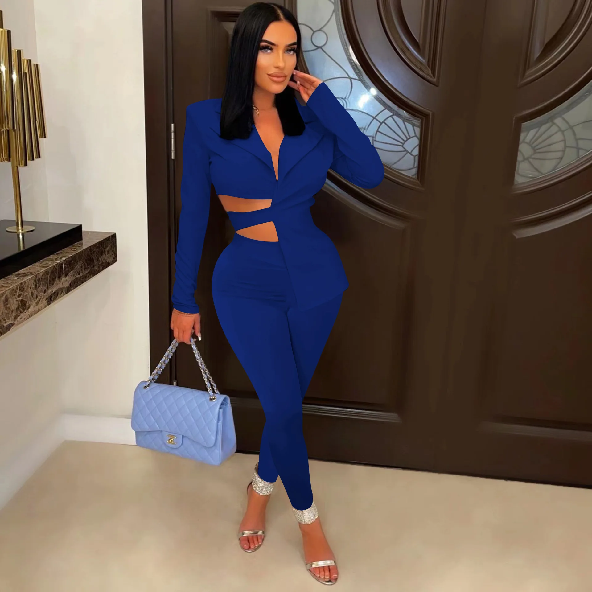 

2022 Sexy Notched Irregular Bandage Blazer Top + Pants Club Party Fall Winter Woman Suits Lace Up Two Piece Outfits