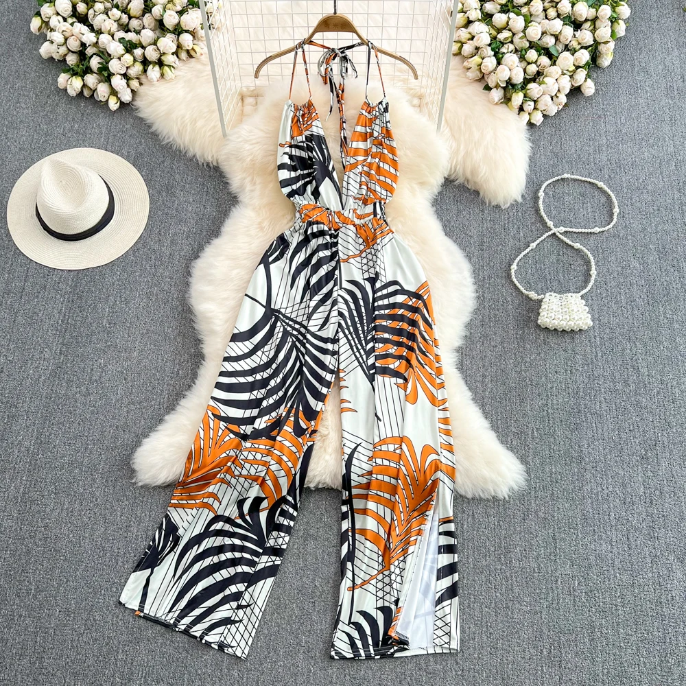 

Seaside holiday halter neck open back slim slim printed jumpsuit fashion sleeveless straight wide leg pants jumpsuit summer