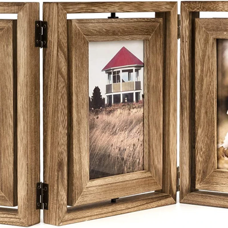 

4x6 Picture Frame Rustic Wood Hinged Folding Triple Picture Frames Collage Double-Sided Display Rotatable High Definition Glass