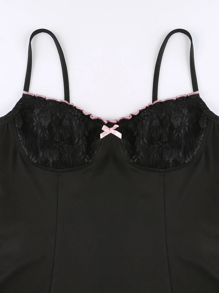 Darlingaga Y2K Retro Lace Patchwork Strap Bow Black Dress Mini Fashion Aesthetic Bow Club Party Sexy Dresses for Women Outfits