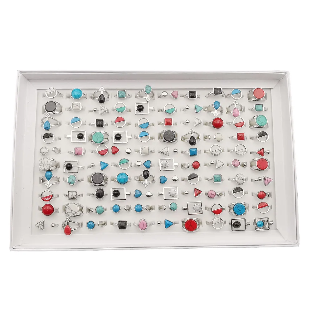 

100pcs/lot Mixed Trendy Natural Stone Geometric Silver Color Ring for Women Men Party Fashion Jewelry Gift Wholesale