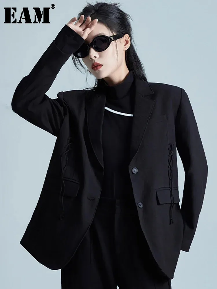 [EAM] Женский черный бандажный повседневный пиджак большого размера новый