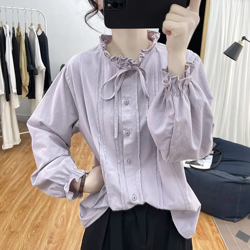 Французская милая рубашка с длинными рукавами и кружевным воротником женская