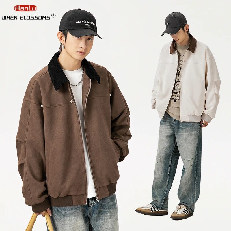 Мужская замшевая куртка в стиле ретро Вельветовая ветровка на молнии с отложным