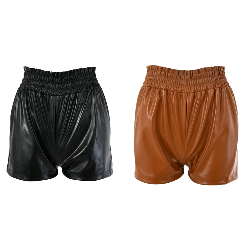

2PCS Sexy Women's High Waist Loose Hip Wide Leg Shorts PU Leather Shorts For Women L, Black & Brown