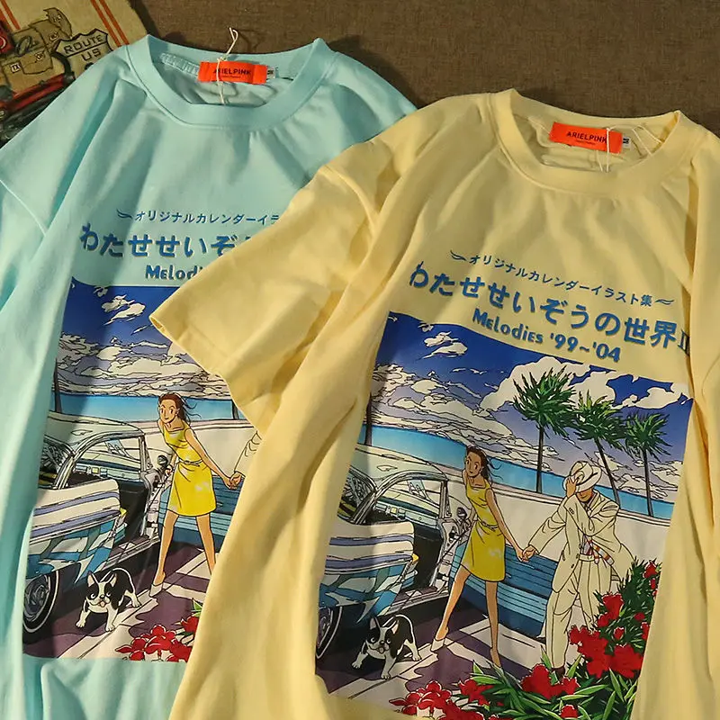 

Платье для пары из 100% хлопка с мультяшным принтом и романтическим принтом, Повседневная футболка с коротким рукавом для весны и лета