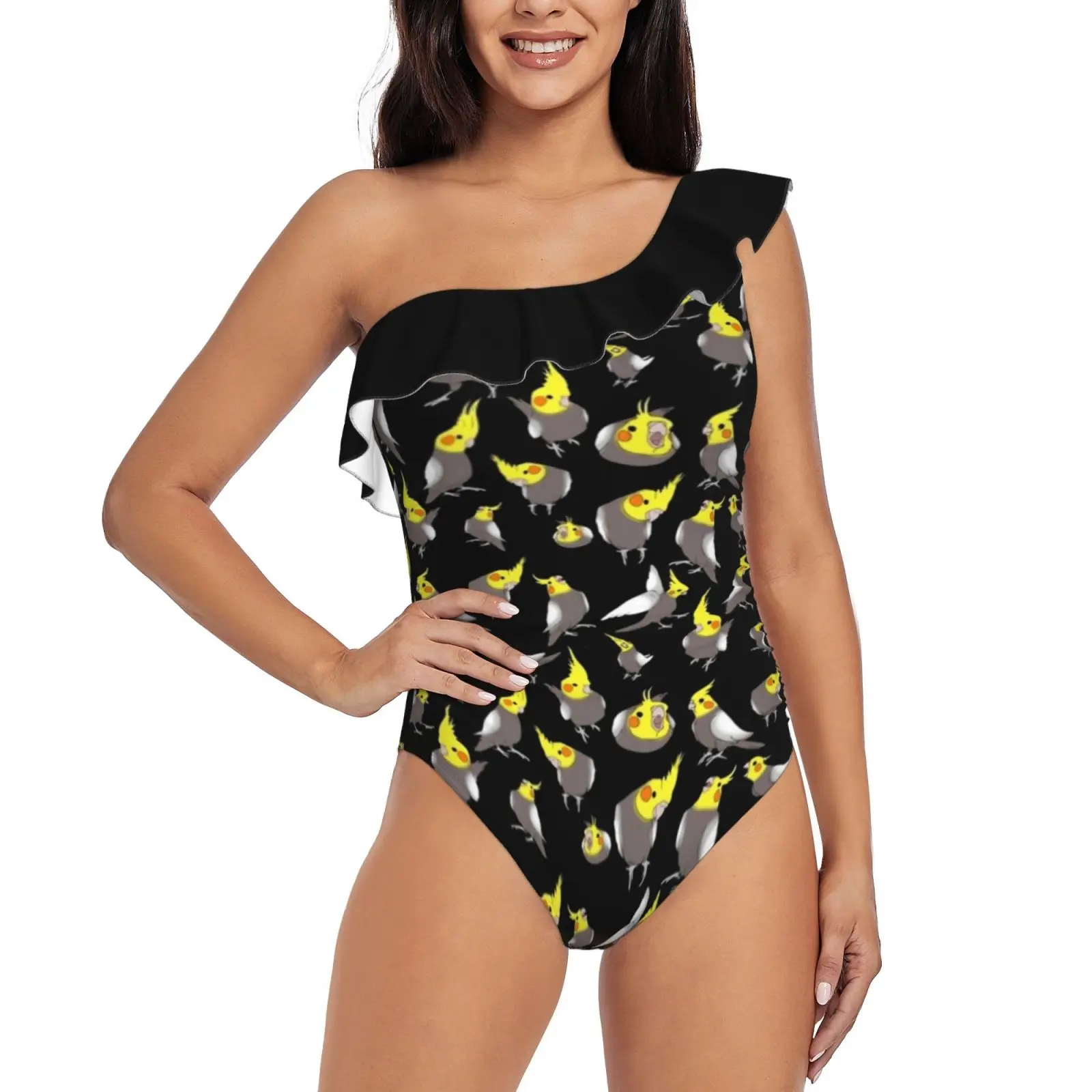 

Cockatiel Doodle Pattern One Shoulder Ruffle Swimsuits One Piece Swimsuit Women Swimwear Beach Bathing Wear Cockatiels Parrot